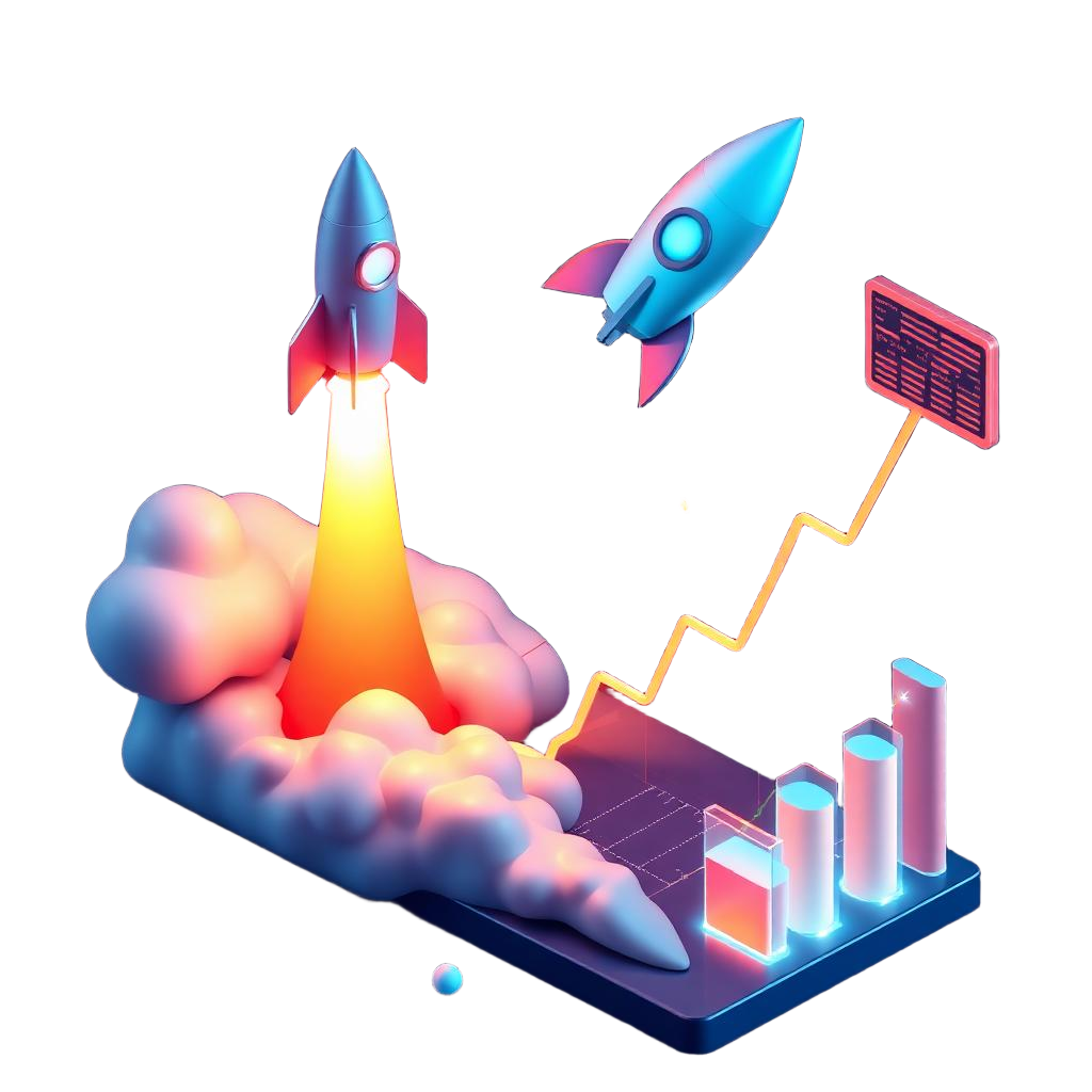 Digital marketing growth illustration with rockets and analytics